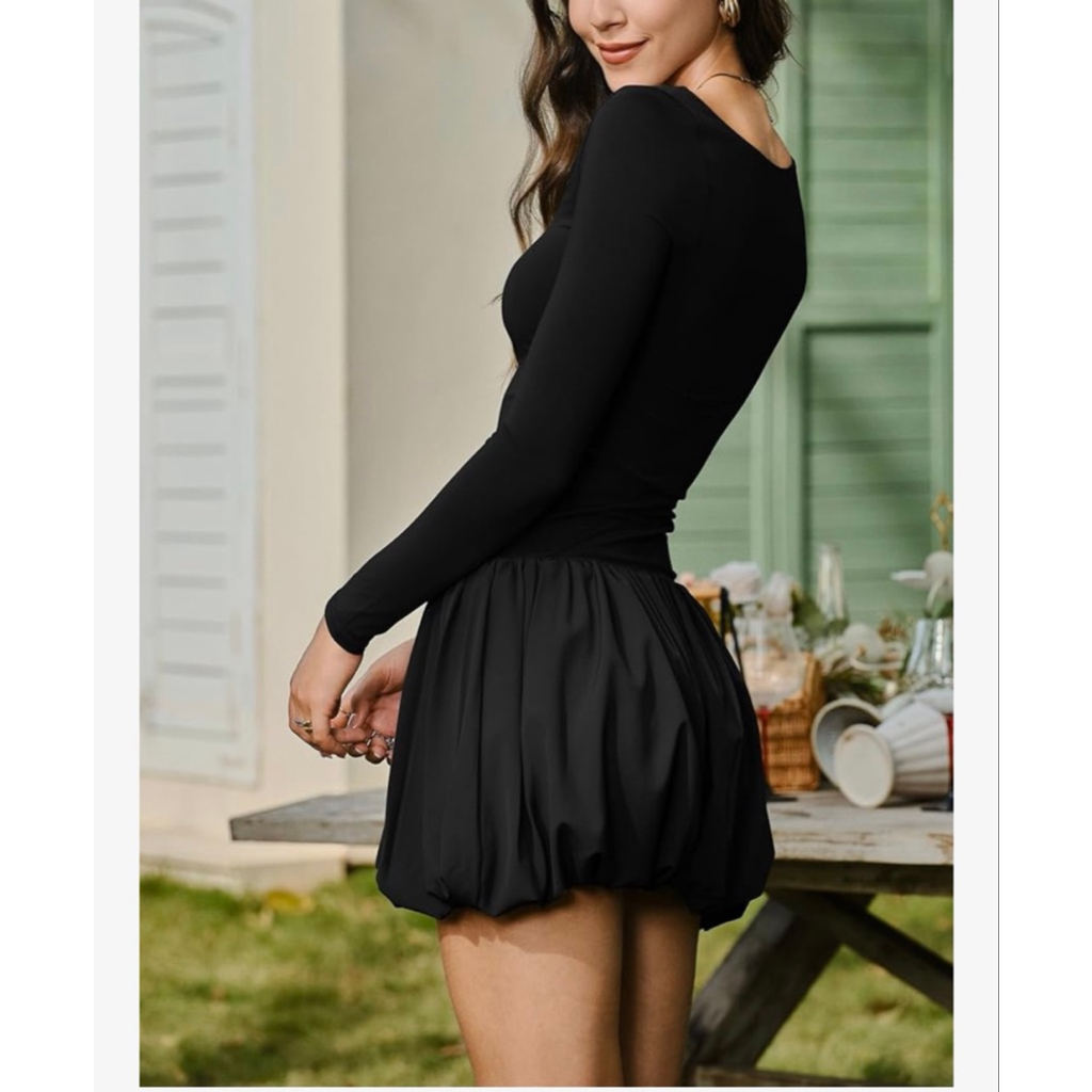 New Elegant Long Sleeve Scoop Neck Puff Bubble Mini Cocktail Dress S